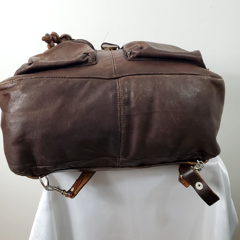 Vintage 90s RUGBY North America Pebbled Leather Drawstring Backpack Brown - Picture 5 of 13